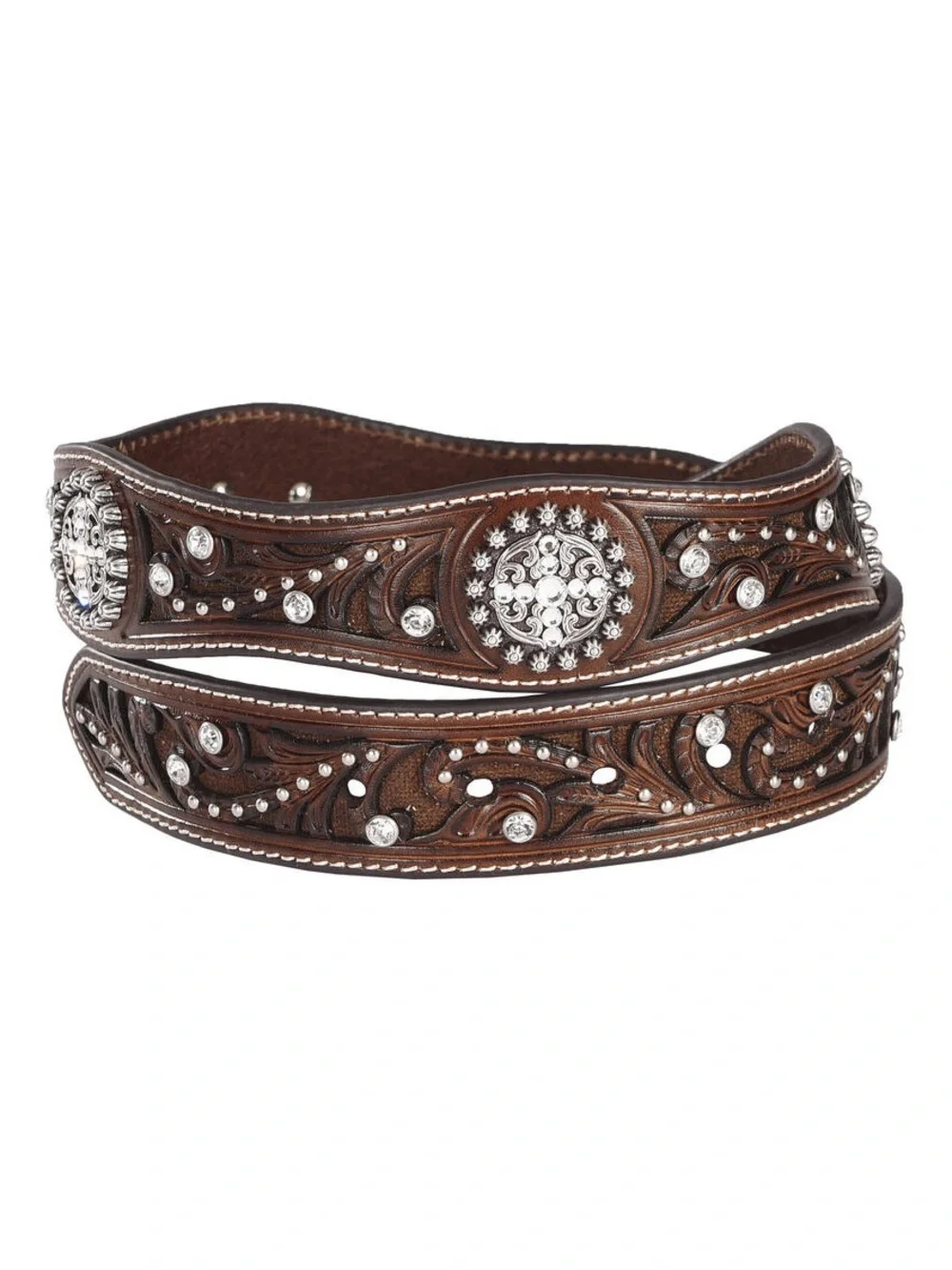 Ariat Western Embossed Tooled Brown Leather Belt with Concho Accents M